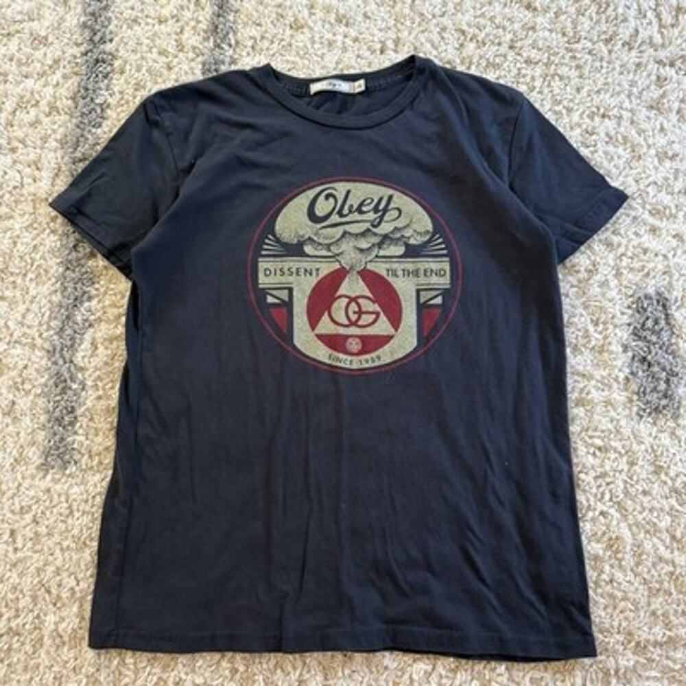 Obey Dissent Til The End Graphic Tshirt Size Small Navy Blue Women’s